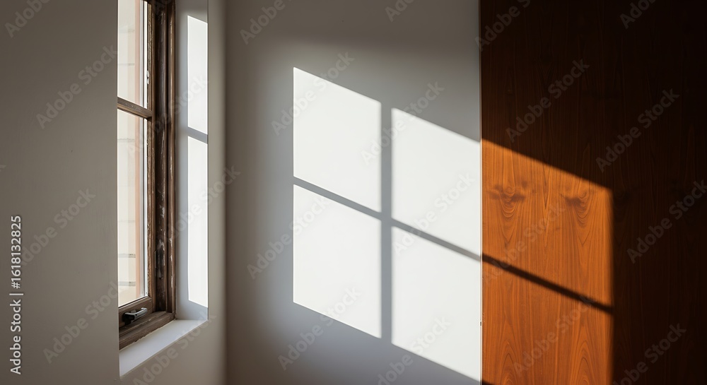 Fototapeta premium Morning sunlight streaming through a window, casting a bright geometric shadow on a minimalist white wall and wooden surface.