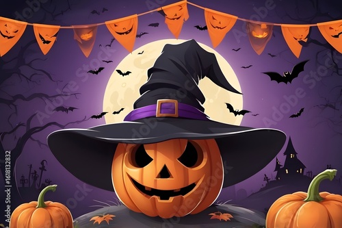 Halloween Pumpkin banner. Halloween banner with Pumpkin wearing witch hat