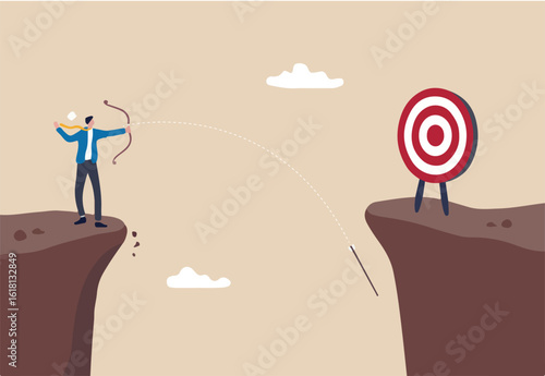 Terribly missed target, failure or mistake, fail to achieve goal, big error or wasted effort concept, overconfidence businessman archery terribly missed target.