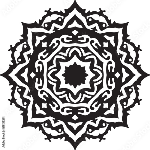 Intricate Circular Mandala Laser Cut Design features a stunning blend of floral and geometric symmetry, rendered in a precise black vector 