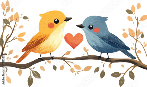 Two adorable cartoon lovebirds one pink and one blue perched on a branch with green leaves