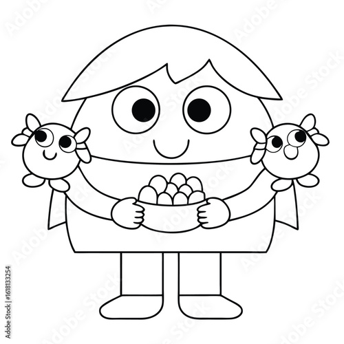 Cartoon character holding bowl of eggs and two fluffy creatures vector