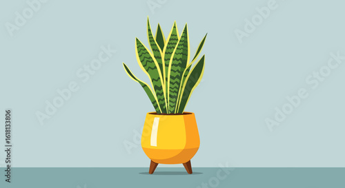 Stylish Sansevieria Illustration Plant Design in Yellow Pot on Grey Background