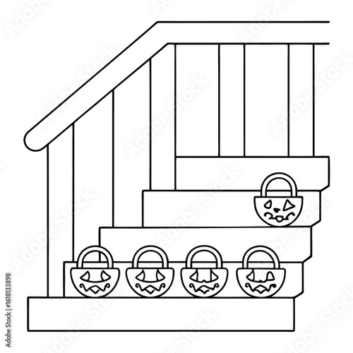 Halloween candy buckets on porch steps jack o lantern