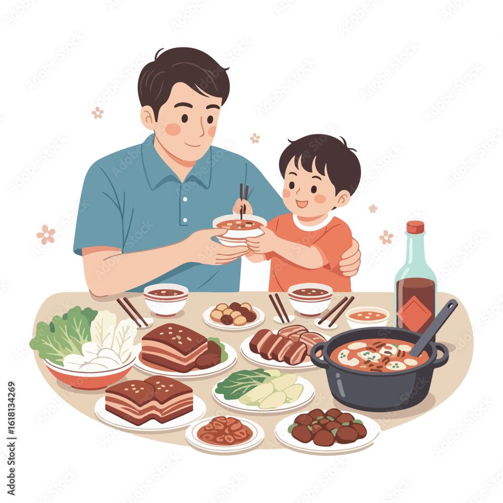Taiwan father's day, father and son eating together. Vector flat design cartoon. AI generated images. Taiwan father's day, father and son eating together. Vector flat design cartoon. AI generated images.