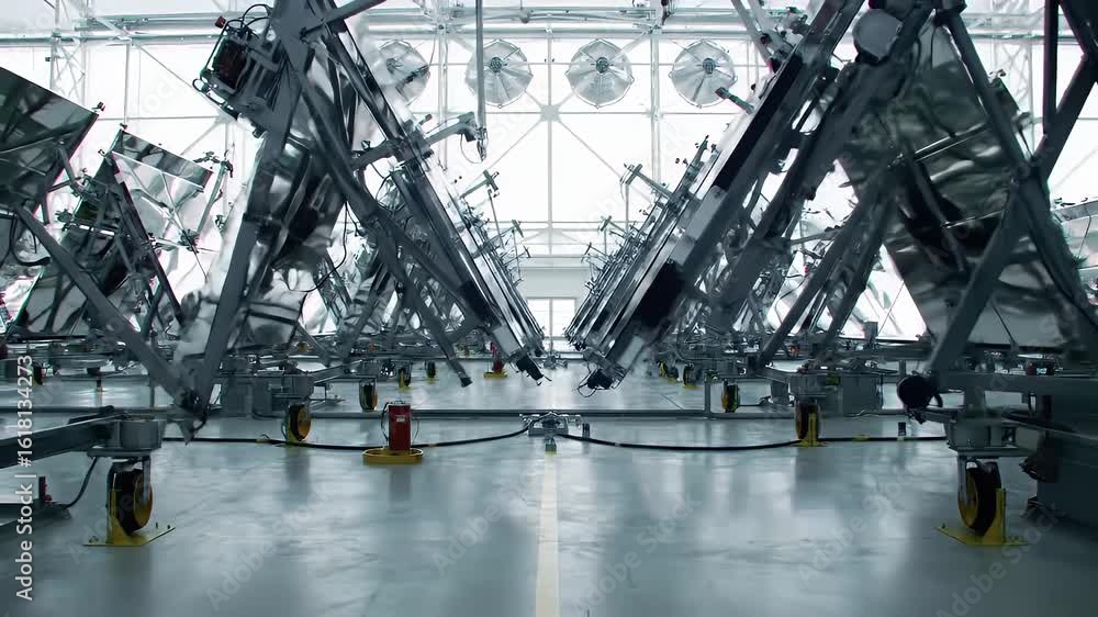 Solar Mirror Field Alignment Bay with Reflective Panels Metal Frames and High Ceiling Ventilation in a Bright Industrial Setting Solar Mirror Field Alignment Bay with Reflective Panels Metal Frames and High Ceiling Ventilation in a Bright Industrial Setting