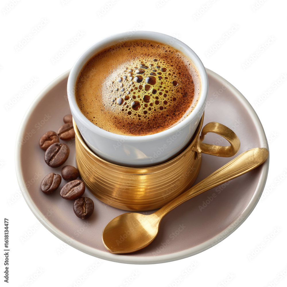 Obraz premium A warm cup of coffee with a silver spoon resting beside it, perfectly capturing the essence of morning rituals and cozy coffee moments