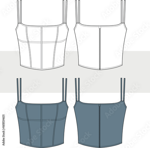 Twin strap crop top, bustier technical fashion Illustration. Back zipper, slim fit, corset top vector. Front and back view. CAD, mockup set.