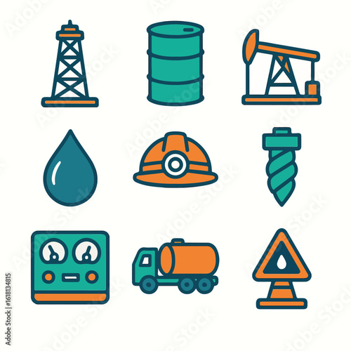 Oil industry icons depict drilling, transport, and safety for energy sectors