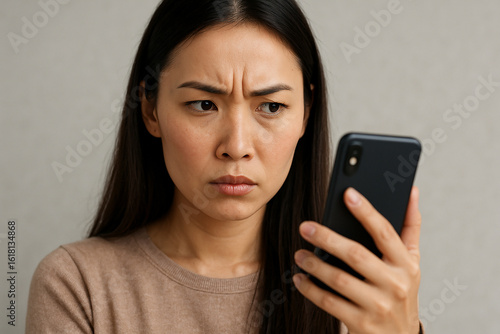 Suspicious Asian woman reacting to phone scam with anger and doubt