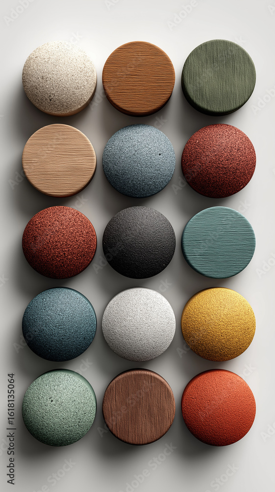 Fototapeta premium Assorted Colorful Ceramic Plates On Neutral Background: Artistic Arrangement Of Round Textured And Smooth Tableware In Warm And Cool Tones For Modern Kitchen And Interior Design Inspiration