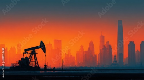 Silhouetted Oil Pump and Cityscape on a Vibrant Orange Sunset Background