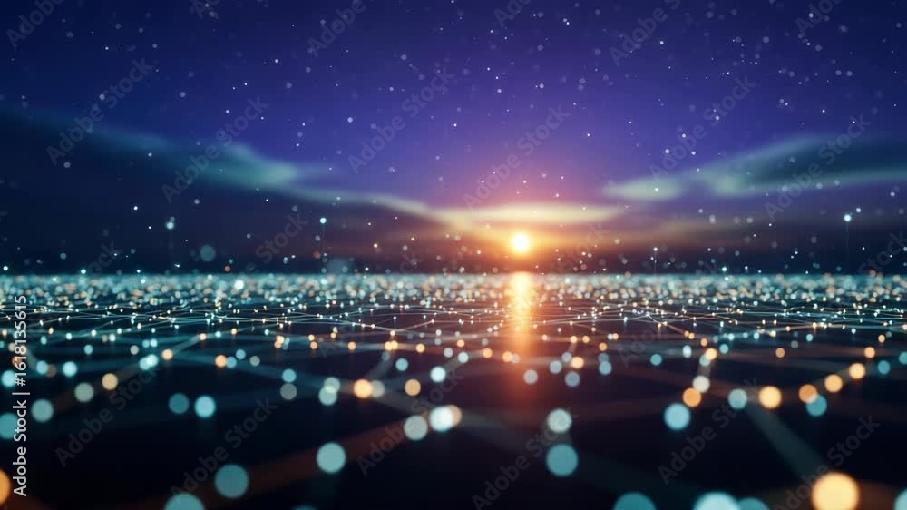A stunning sunset over a digital landscape with glowing dots representing data points showcasing a vibrant sky filled with stars ideal for technology and innovation themes