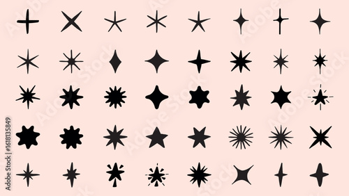 Collection of star and sparkle icons. Various star designs, sparkle shapes, and twinkling symbols. Perfect for design projects needing star or sparkle elements. Element vector set.