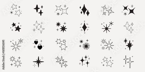 Collection of star and sparkle icons. Various star designs, sparkle shapes, and twinkling symbols. Perfect for design projects needing star or sparkle elements. Element vector set.