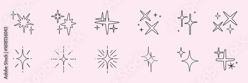 Collection of star and sparkle icons. Various star designs, sparkle shapes, and twinkling symbols. Perfect for design projects needing star or sparkle elements. Element vector set.