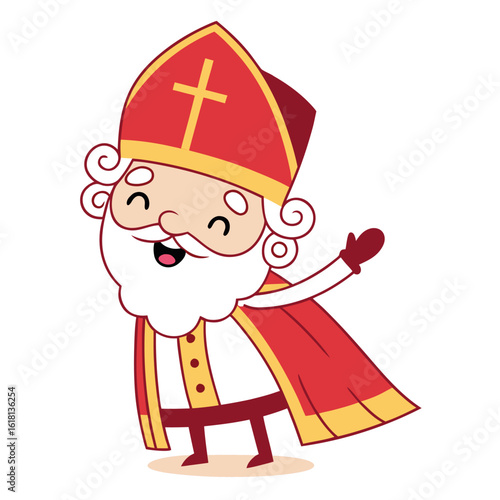Animated Saint Nicholas joyfully waves wearing red mitre and cloak over a white background