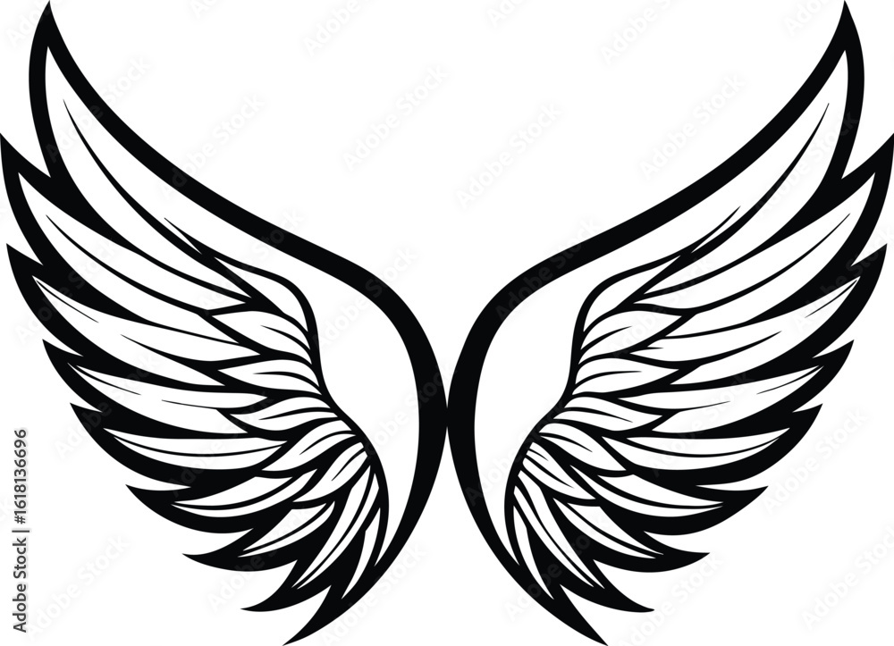 Fototapeta premium Angel wings silhouette, minimal feather sketch, elegant line art, abstract flying symbol, continuous vector drawing