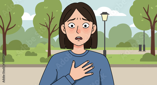 A concerned woman clutches her chest while experiencing anxiety in a park setting.