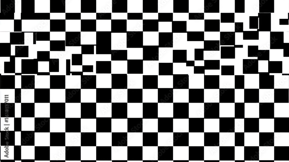 Fototapeta premium A black and white checkerboard pattern with some squares missing or deformed at the top