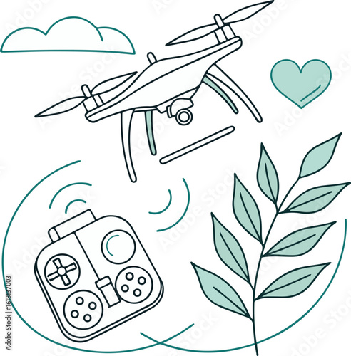 Drone with Remote Controller and Nature Elements – Aerial Photography and Technology Vector Illustration
