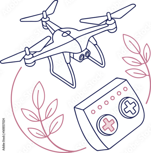 Drone with Remote Controller and Leaves – Aerial Technology and Nature Vector Illustration