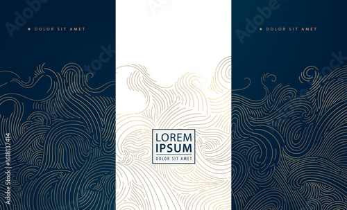 Vector set of abstract line golden japanese waves, art deco water, leaves dynamic flow pattern. Vintage banners, ocean posters, elegant premium ornament banners, cloud covers.
