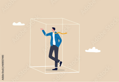 Business transparency, integrity or honesty, open data for corporate operations, transactions or management concept, sincere businessman inside transparent see through box metaphor of transparency