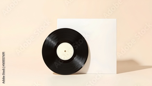 A black vinyl record with a blank label leans against a white album sleeve. This clean, minimalist product mockup on a neutral beige background is perfect for showcasing music, brandin