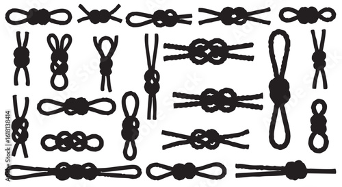 Collection of Various Knot Silhouettes on a White Background Depicting Different Types of Rope Fastenings and Nautical Designs