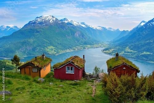 Fototapeta Rakssetra rural hiking area, Nordfjord view, Loen Norway
