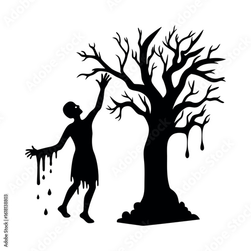 Black silhouette of a dripping figure reaching for a bare tree vector