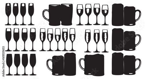 Silhouette of Elegant Glassware Collection for Drinks and Celebrations Ideal for Parties Events or Festive Gatherings Featuring Champagne and Beer Glassware