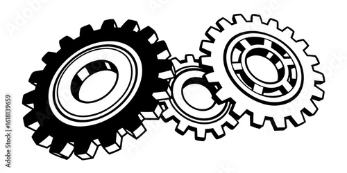 Illustration of three interlocking gears with detailed teeth and inner circles in black and white