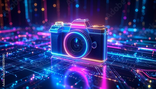 AN icon of a camera glowing in rainbow colors, floating, Generated with AI.
