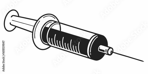 A black and white drawing of a syringe with a needle and filled with a dark liquid substance inside