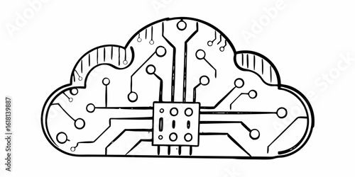 Doodle style cloud computing illustration with circuit board design and white background shown