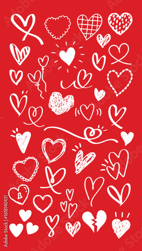 A collection of hearts on a background. Various heart shapes, heart patterns, and heart designs fill the image with love and creativity. Cute hand drawn Valentine's Day vector set.