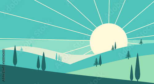 A tranquil minimalist landscape featuring rolling hills and trees under a beaming sun. Stylized vector illustration with a serene, retro feel.