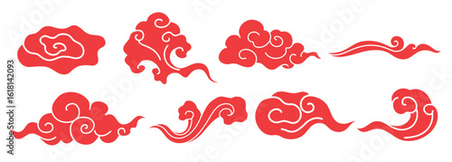 Red cloud motifs in various swirling designs. Traditional red cloud patterns, swirling and decorative. Asian-inspired red cloud motifs, swirling and elegant. Chinese weather elements, vector set.
