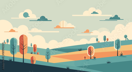 A modern vector illustration of a serene oasis with a cascading waterfall, red canyon rocks, and lush foliage including unique whisk-like plants.