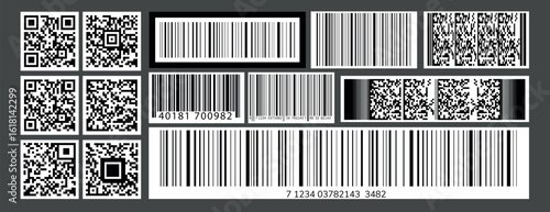 A collection of barcodes and QR codes in various styles. Barcodes and QR codes are shown in different formats. Barcodes and QR codes on a gray background. Electronic payment elements, vector set.