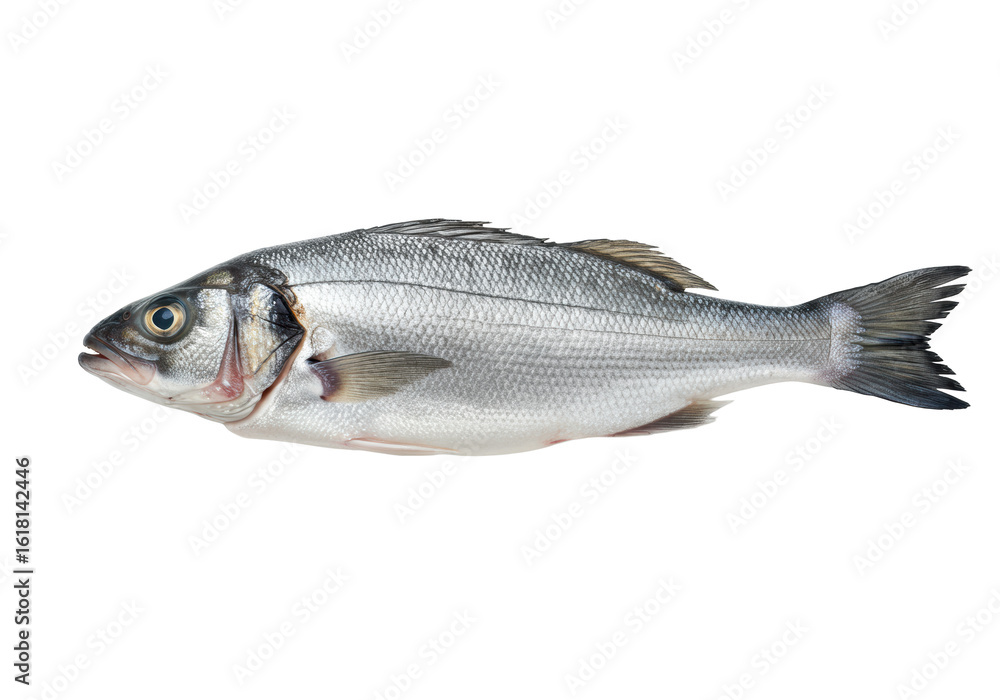 Fototapeta premium Pristine European sea bass, brilliant silver scales and clear eyes, perfectly horizontal on a seamless transparent background with uniform shadowless studio lighting, high-quality seafood product