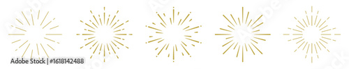 Five golden starburst designs in a row. Starburst patterns in gold. Simple and elegant starburst motifs. Perfect for decorative starburst accents. Festive elements, vector set.