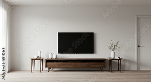 Minimalist living room interior with a television mockup on a white wall. Modern home entertainment concept with wooden furniture.