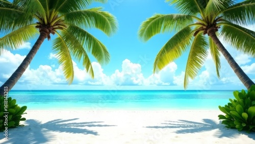serene tropical beach view with lush palms over white sand and clear turquoise ocean, concept of travel and leisure, holiday destinations