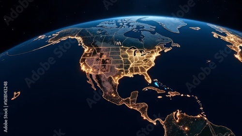 stunning aerial view of north America illuminated at night from space, concept of global connectivity, technology, mapping and geography