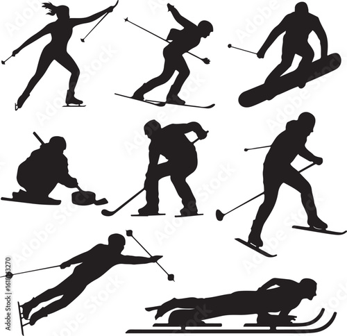 Winter sports athletes in action skiing snowboarding