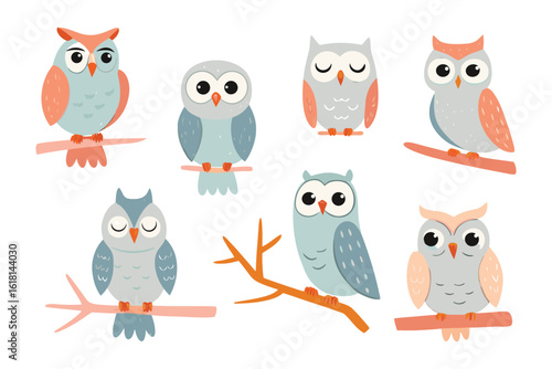 Colorful Owl Collection: A charming array of owls perched on branches, depicted in a whimsical and vibrant style, offering a delightful representation of these nocturnal birds.
