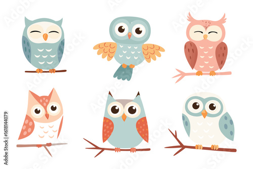 Owl Collection: A charming collection of six whimsical owls in various poses. Each owl perched on a branch, with soft colors and expressive eyes.  A delightful set for any project.